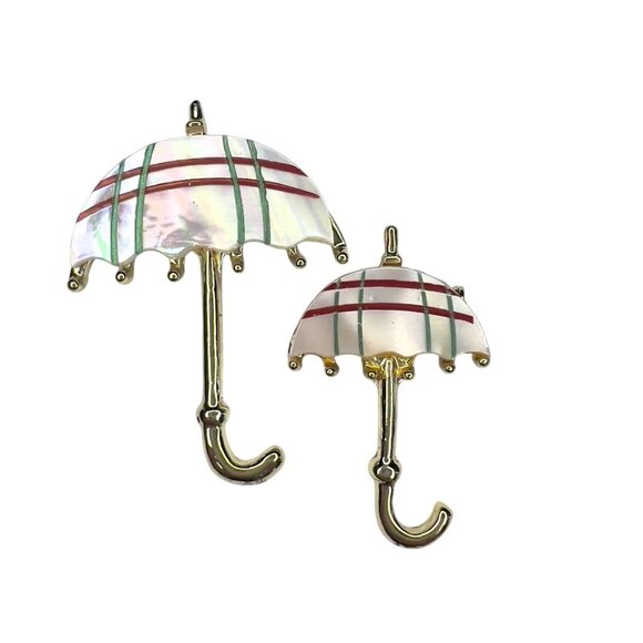Lot of 2 Umbrella Pins BroochStriped Shell Red/Green Gold Tone Handles - Picture 1 of 5